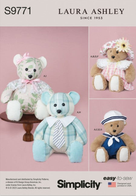 Simplicity 9771 Retro 2021 Sewing Pattern Bear Crafts, Designer Laura Ashley Toys, 20 Stuffed Bear Dolls