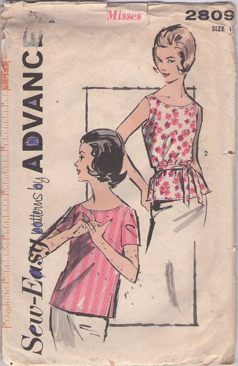 Advance 2809 Vintage 60's Sewing Pattern Summer Tops Set, Sew Easy Scoop Neck Blouse Set, 2 Tops Size 12