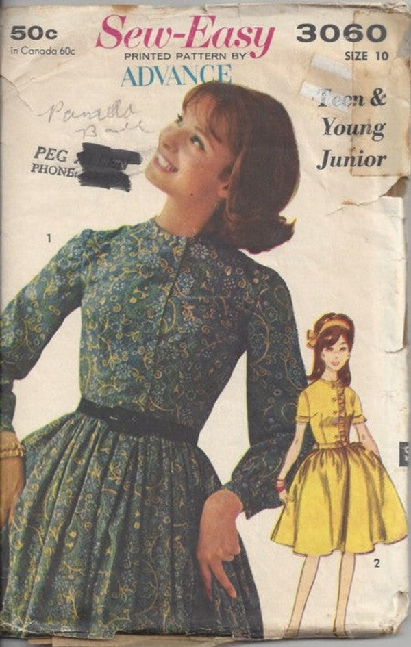 Advance 3060 Vintage 60's Sewing Pattern Sew Easy Dress, Modest Teen Girls Hairspray, Shirtwaist First Dance Party Dress FULL Skirt Size 10