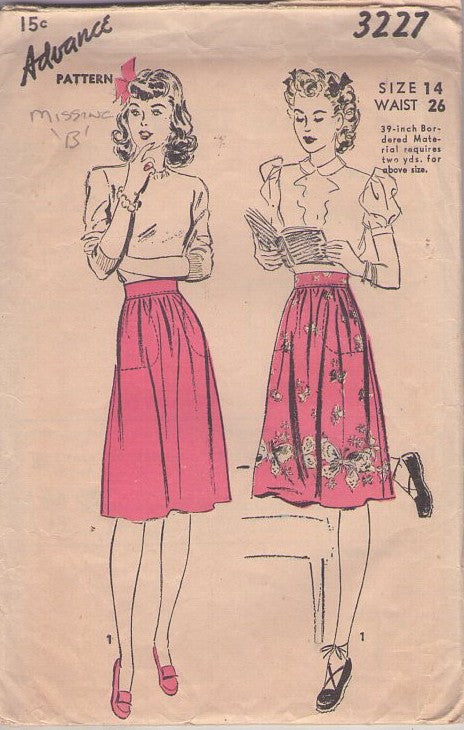Advance 3227 Vintage 40's Sewing Pattern Skirt Set, Swing Era Knee Length Skirts with Waistband MISSING POCKET Size 14