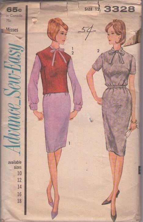 Advance 3328 Vintage 60's Sewing Pattern Easy Separates, Bloused Elastic Waist Slim Fitting Day Dress, Back Buttons Jerkin Vest Size 12