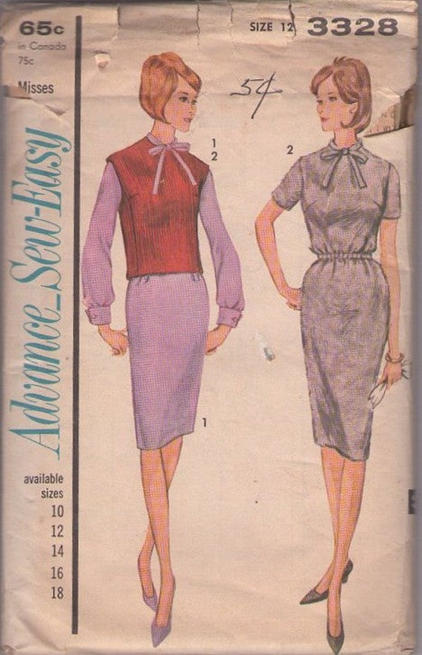Advance 3328 Vintage 60's Sewing Pattern Easy Separates, Bloused Elastic Waist Slim Fitting Day Dress, Back Buttons Jerkin Vest Size 12