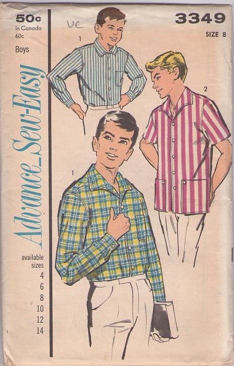 Advance 3349 Vintage 60's Sewing Pattern Boys' Shirts, Wing Collar Dress Shirt, Patch Pockets Hawaiian Cabana Pool Party Shirt Size 8