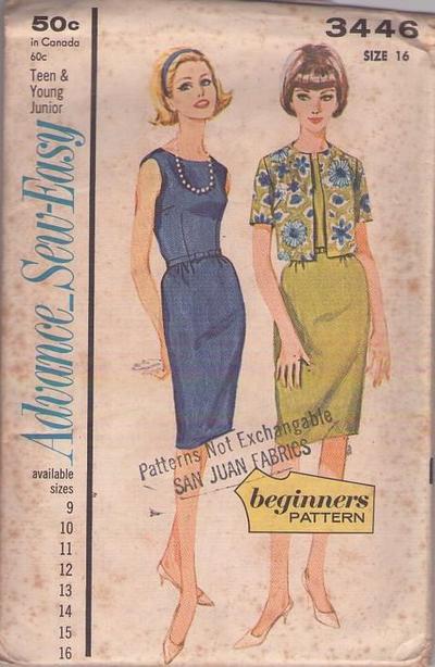 Advance 3446 Vintage 60's Sewing Pattern Sheath Dress, Jacket, Easy Secretary Day Dress, Jacket Cover Up Size 16