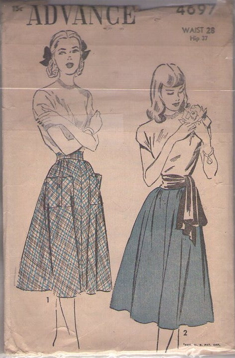 Advance 4697 Vintage 40's Sewing Pattern Classic Rockabilly Flared Full Secretary Skirt, 2 Styles Waist 28