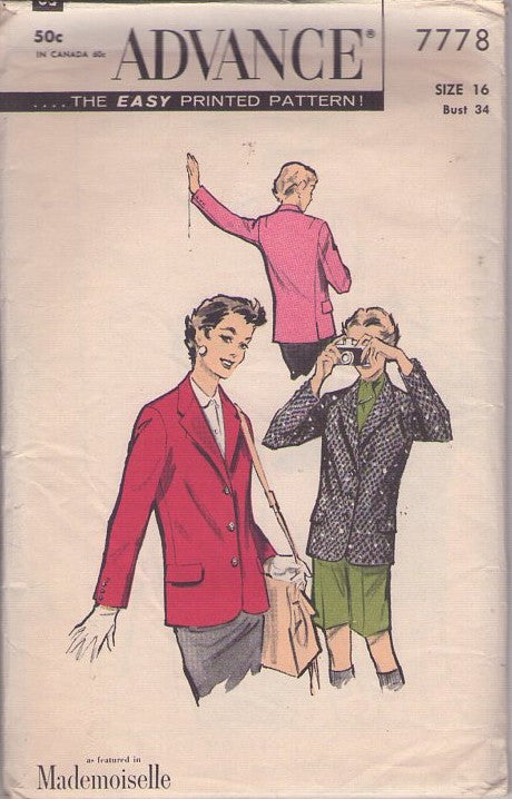 Advance 7778 Vintage 50's Sewing Pattern Jacket Set, Rockabilly, Secretary Collared Blazer Suit Jacket Size 16