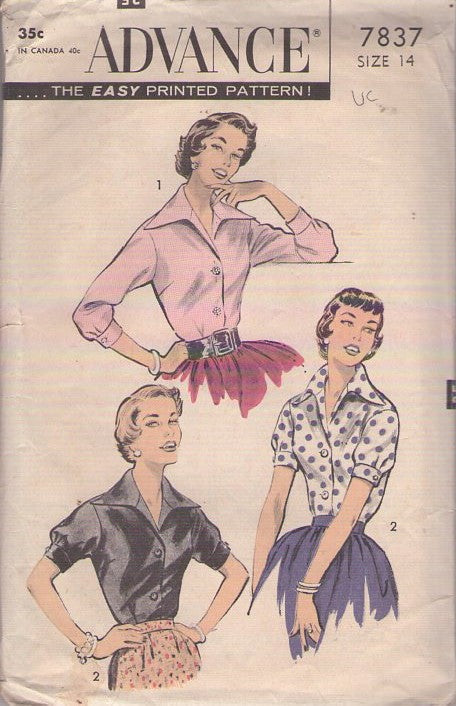 Advance 7837 Vintage 50's Sewing Pattern Day Blouse Set, Long Winged Collar, Front Buttons, 2 Styles Size 14