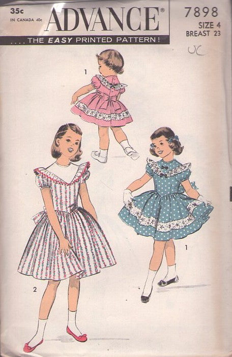 Advance 7898 Vintage 50's Sewing Pattern Girls' Dresses, V Yoked Lace Trimmed, Basque Waist Party Dress, Shirley Temple Styles Size 8