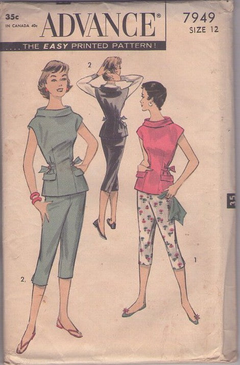 Advance 7949 Vintage 50's Sewing Pattern Summer Separates, Rockabilly VLV, Marilyn Pinup Stand Up Collar Tied Sides Blouse, Clam Diggers, Capri Knee Knockers Pants Size 12