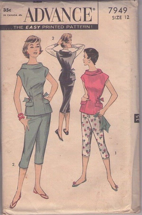 Advance 7949 Vintage 50's Sewing Pattern Summer Separates, Rockabilly VLV, Marilyn Pinup Stand Up Collar Tied Sides Blouse, Clam Diggers, Capri Knee Knockers Pants Size 12