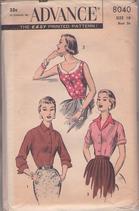 Advance 8040 Vintage 50's Sewing Pattern Rockabilly Blouse Set, Mad Men Secretary Button Down Shirt, Scoop Neck Summer View, 3 Styles Size 18