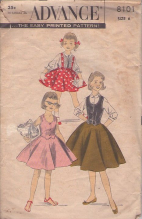 Advance 8101 Vintage 50's Sewing Pattern Girls' Separates, Suspender Circle Skirt, Blouse, Weskit Vest Size 6