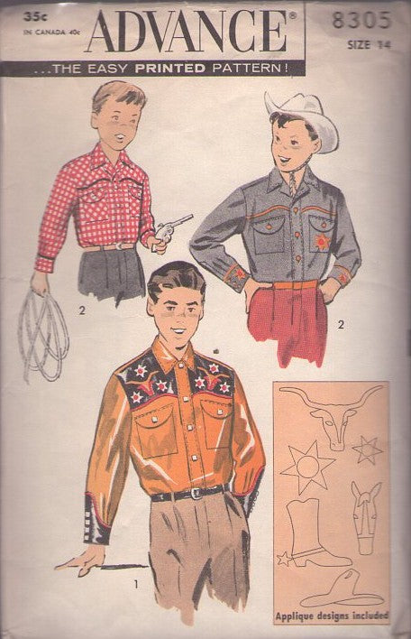 Advance 8305 Vintage 50's Sewing Pattern Teen Shirts, Men's Rockabilly Western Cowboy, Rodeo Roy Rogers Nudie Style Shirt Set, Shaped Pockets, Appliques Size 14 CUT