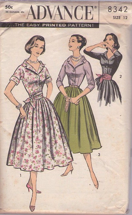 Advance 8342 Vintage 50's Sewing Pattern Hostess Charmer, Open Neck, Collared, Button Up Blouse, Pleated Full Skirt, Shirred Cummerbund Sash 2 Piece Dress 3 Styles Size 12