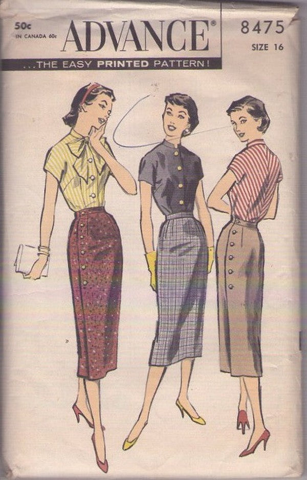 Advance 8475 Vintage 50's Sewing Pattern 2 Piece Dress Set, Rockabilly, Wrap Around and Button Sheath Skirts, Cap Sleeve Blouse EASY Size 16