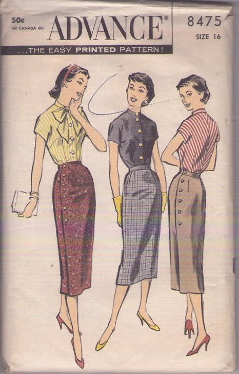 Advance 8475 Vintage 50's Sewing Pattern 2 Piece Dress Set, Rockabilly, Wrap Around and Button Sheath Skirts, Cap Sleeve Blouse EASY Size 16