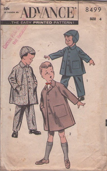 Advance 8499 Vintage 50's Sewing Pattern Boys' Winter Separates, Raglan Sleeve Jacket, Coat, Trousers, Ear Flap Chin Strap Cap, Hat Size 4