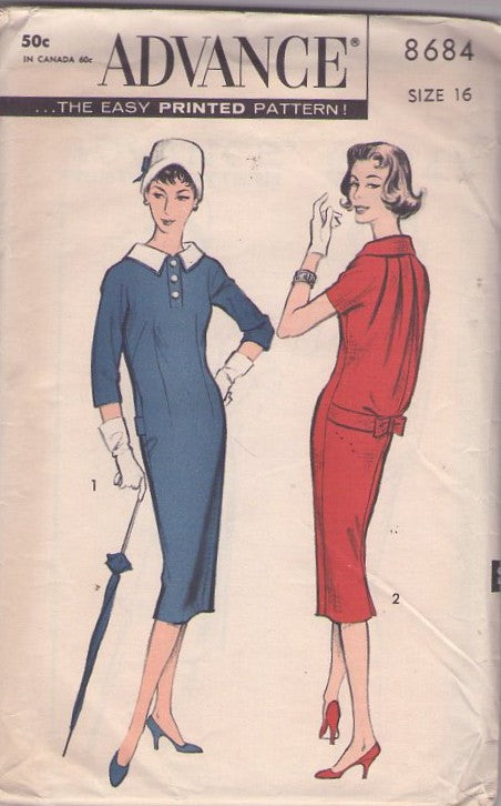 Advance 8684 Vintage 50's Sewing Pattern Rockabilly Sack Dress, Bloused Back Sack Sheath Dress, 2 Styles Size 16