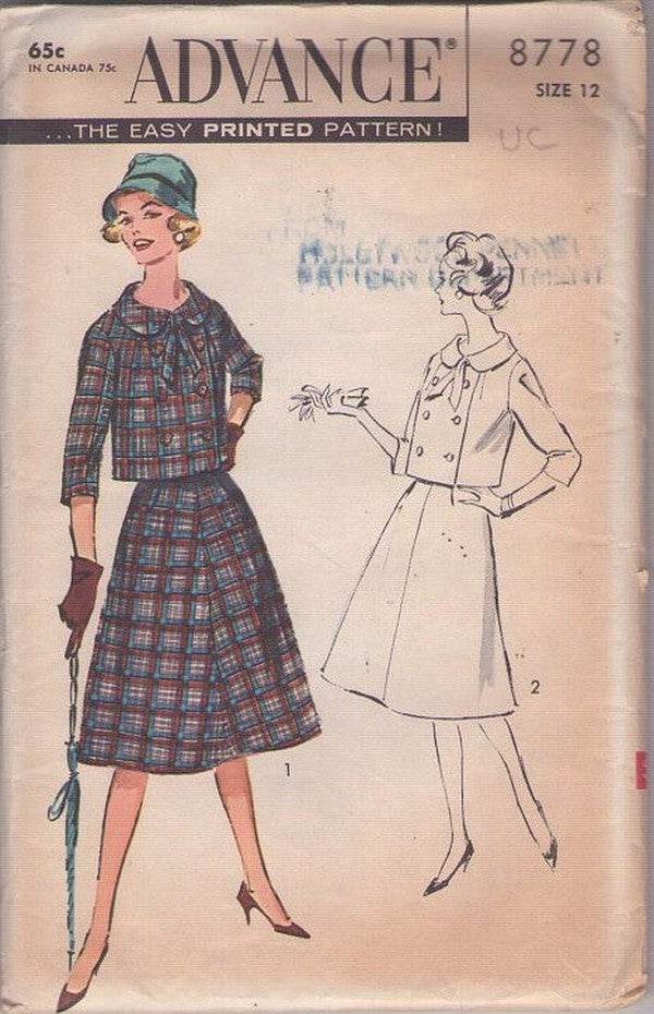 Advance 8778 Vintage 50's Sewing Pattern Trapeze Suit, Flared Cropped Double Breasted Jacket Top Blouse, A-Line Skirt Size 12