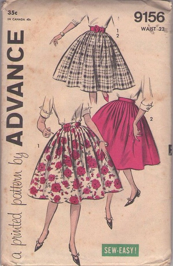 Advance 9156 Vintage 50's Sewing Pattern Circle Skirts, Full Circular Pleated Skirt Set 2 EASY Styles Waist 23