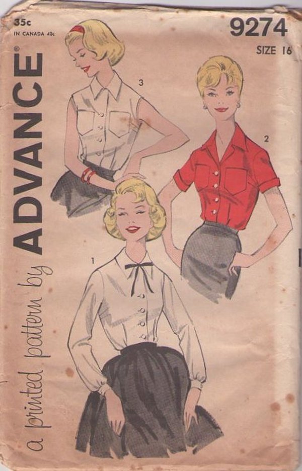 Advance 9274 Vintage 60's Sewing Pattern Blouse Set, Sleeve and Pocket Choices, 3 Views Size 14