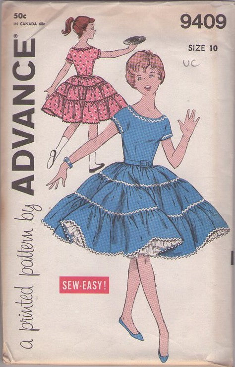 Advance 9409 Vintage 60's Sewing Pattern Girls' Dress, Sew Easy, Full Gathered Tiered Skirt Square Dance Party Dress Size 10