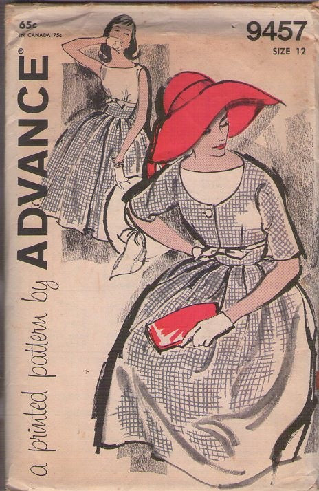 Advance 9457 Vintage 60's Sewing Pattern Mrs. Maisel Dress, Full Flared Bell Skirt, Rockabilly Summer Party Dress, Deep U Neck Cropped Cover Up Jacket Top Size 12