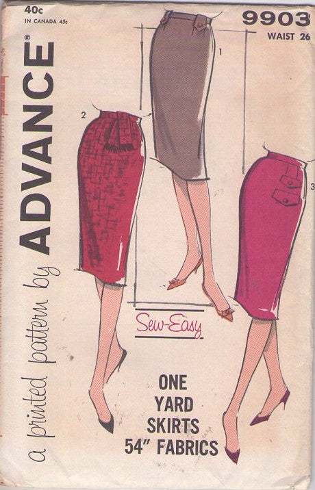 Advance 9903 Vintage 60's Sewing Pattern Easy Skirts, One Yard of 54" Fabric Slim Sheath Secretary Pencil Skirt Waist 26