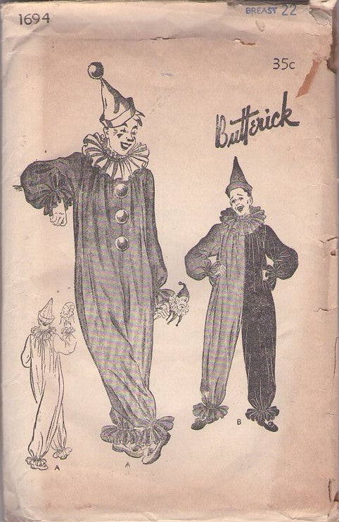 Butterick 1694 Vintage 40's Sewing Pattern Clowns Costumes, Killer Klown Twisty AHS Clown Pierrot Circus Jumpsuit, Neck Ruff, Pointed Jester Hat Chest 22