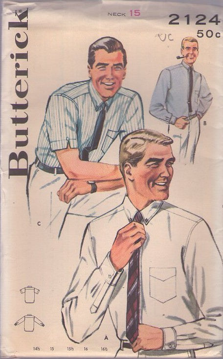 Butterick 2124 Vintage 60's Sewing Pattern Men's Shirts, Button Down Collar Short or Long Sleeves Mad Men Don Draper Shirt Set Chest 38"