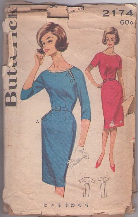 Butterick 2174 Vintage 60's Sewing Pattern Rockabilly Sheath Dress, Button & Sligh Trim, 2 Styles Size 14