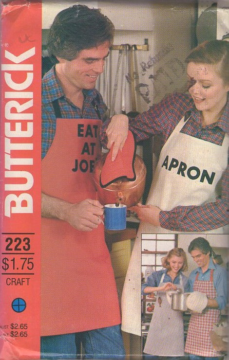 Butterick 223 Vintage 80's Sewing Pattern Aprons, Iron On Logo, Halter Top Back Wrap Around & Tie Apron, His & Hers, Pockets, Oven Mitt & Quilted Pot Holders One Size