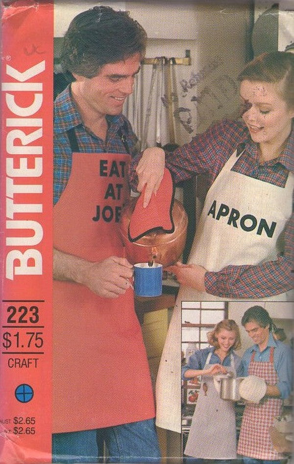 Butterick 223 Vintage 80's Sewing Pattern Aprons, Iron On Logo, Halter Top Back Wrap Around & Tie Apron, His & Hers, Pockets, Oven Mitt & Quilted Pot Holders One Size