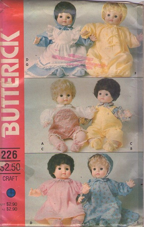Butterick 226 Vintage 80's Sewing Pattern Baby Doll Clothes Wardrobe, 16" Overalls, Top, Dress, Gown, Pinafore & More