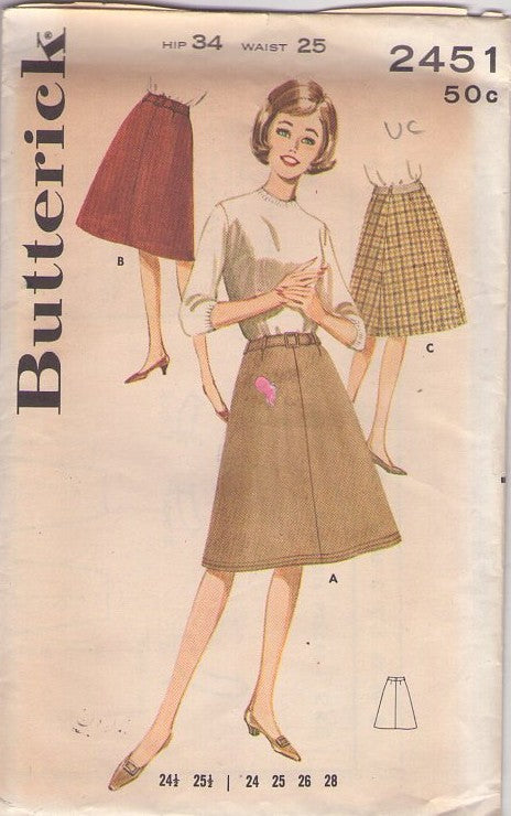 Butterick 2451 Vintage 60's Sewing Pattern Secretary Skirt, A-Line Bell Flared Skirt Set, 3 Styles Size Waist 25