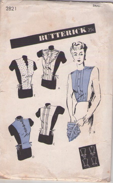 Butterick 2821 Vintage 40's Sewing Pattern Dickeys Set, WW2 Swing Era, Side Ties Tuck In Dickey Top Set, 5 Styles Size S