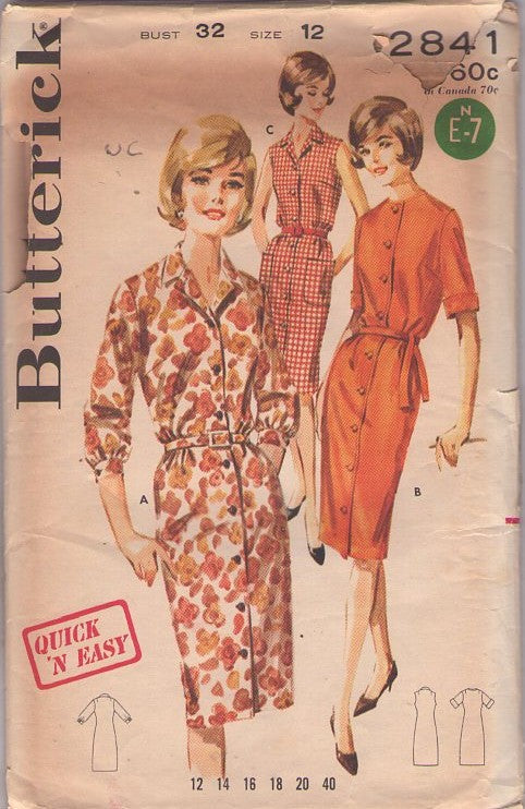 Butterick 2841 Vintage 60's Sewing Pattern Secretary Dress, Quick & Easy Front Buttoned Shirtdress, Fitted Day Dress & Belt Size 12