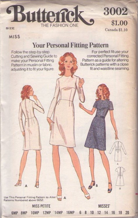 Butterick 3002 Vintage 70's Sewing Pattern Shell Dress, Easy to Sew, Basic Fitting Learn to Sew Dress 2 Styles Size 12