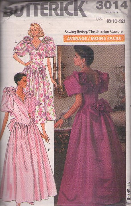 Butterick 3014 Vintage 80's Sewing Pattern Formal Dress, Puff Sleeve, Bouffant, Basque Waist Prom Formal, Bridesmaid Dress, Cottagecore Gown 2 Styles 