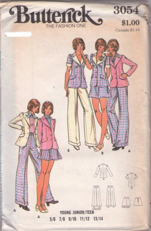 Butterick 3054 Vintage 70's Sewing Pattern Mod Office Separates, Mix & Match Cuffed Blouse, Suit Jacket, Flared Mini Skirt, Cuffed Annie Hall Pants Size 9/10