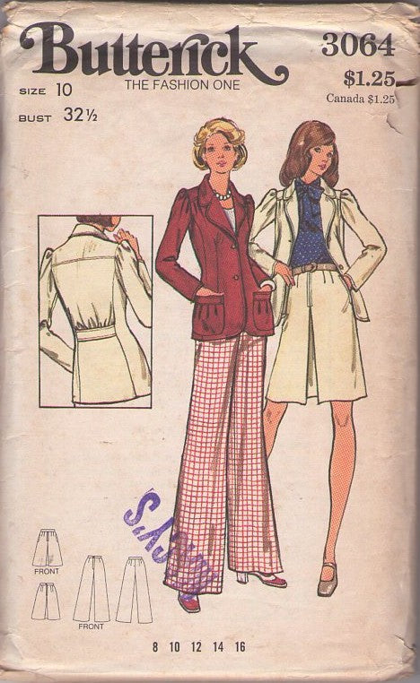 Butterick 3064 Vintage 70's Sewing Pattern Secretary Separates, Annie Hall, Fitted Suit Jacket, Pouch Pockets, Pleat Front Skirt, Flared Bell Leg Pants Size 10 CUT