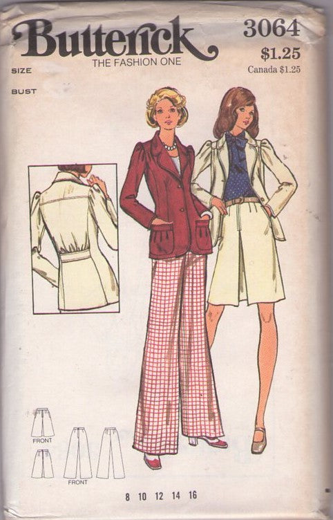 Butterick 3064 Vintage 70's Sewing Pattern Secretary Separates, Annie Hall, Fitted Suit Jacket, Pouch Pockets, Pleat Front Skirt, Flared Bell Leg Pants Size 10 UNCUT