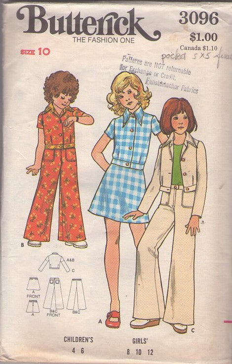 Butterick 3096 Vintage 70's Sewing Pattern Girls' Separates, Brady Bunch, Long Pointed Collar Denim Jean Jacket Top, Blouse, Flared Pants, A-Line Skirt Size 10