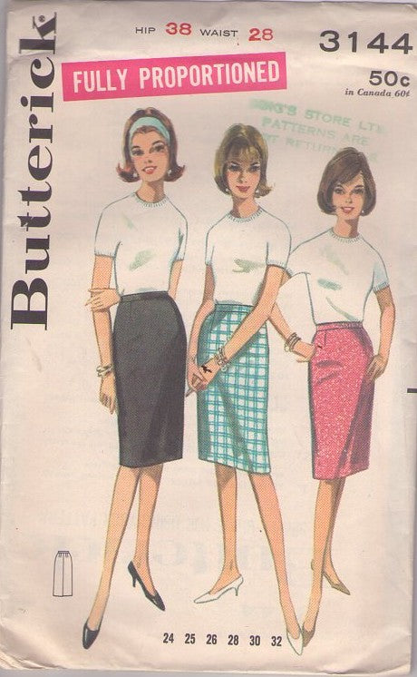 Butterick 3144 Vintage 60's Sewing Pattern Rockabilly Skirt Set, Slim Sheath Skirt Mad Men Secretary Proportioned Waist 28