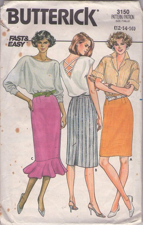 Butterick 3150 Vintage 80's Sewing Pattern Skirt Set, Fast & Easy Simple to Sew Dart Fitted Secretary Skirt, Evening Mermaid Flounce Ruffle Hem Skirt Size 12-16