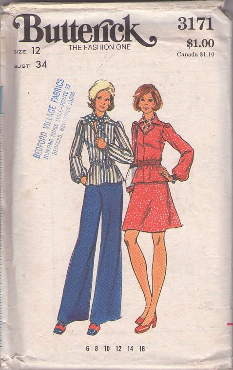 Butterick 3171 Vintage 70's Sewing Pattern Disco Separates, Smocked Elastic Waist Peplum Collared Balloon Sleeve Blouse, Top, A-Line Skirt, Flared Pants Size 12