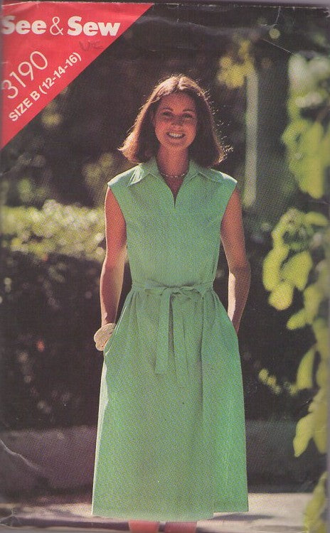 Butterick 3190 Vintage 80's Sewing Pattern See & Sew Flared Summer Secretary Dress, Cinch with Tie Belt Size 12-16