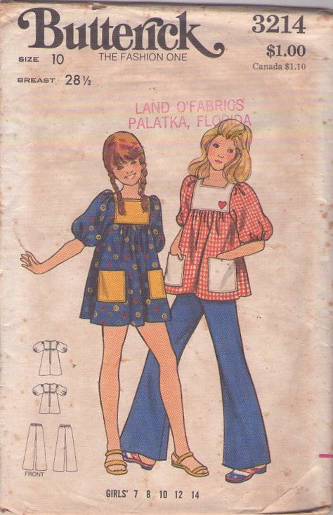 Butterick 3214 Vintage 70's Sewing Pattern Girls' Boho Separates, Puff Sleeve Smock Top Blouse, Mini Dress with Back Zipper, Flared Bell Bottom Pants Size 10