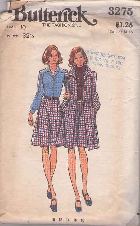 Butterick 3275 Vintage 70's Sewing Pattern Secretary Coat, Skirt, A-Line Skirt, Loose Fit Wing Collar Jacket, A-Line Coat Size 10