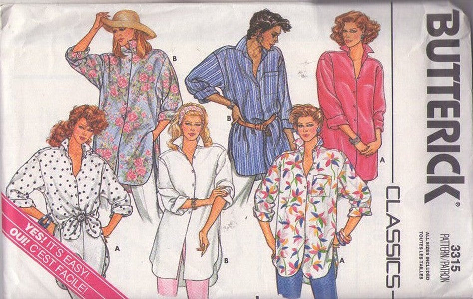Butterick 3315 Vintage 80's Sewing Pattern Classics Oversized Blouse, Shaped Hem, Side Slts, Tie Front, 2 Styles Size S-M